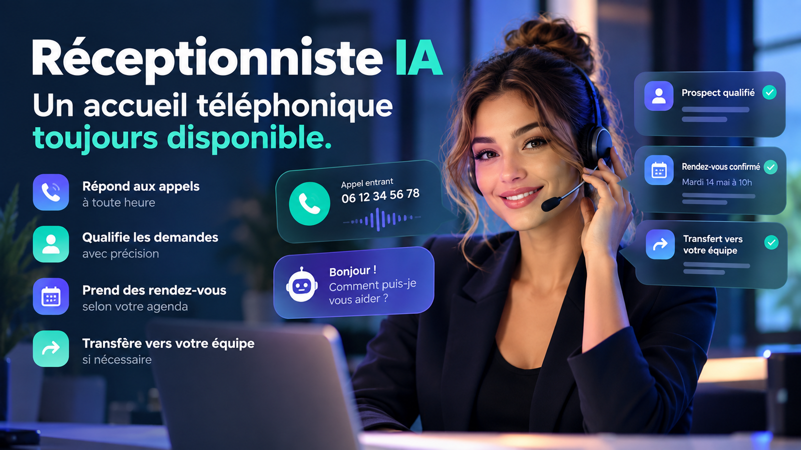 Réceptionniste IA pour entreprise répondant aux appels, qualifiant les demandes et prenant des rendez-vous